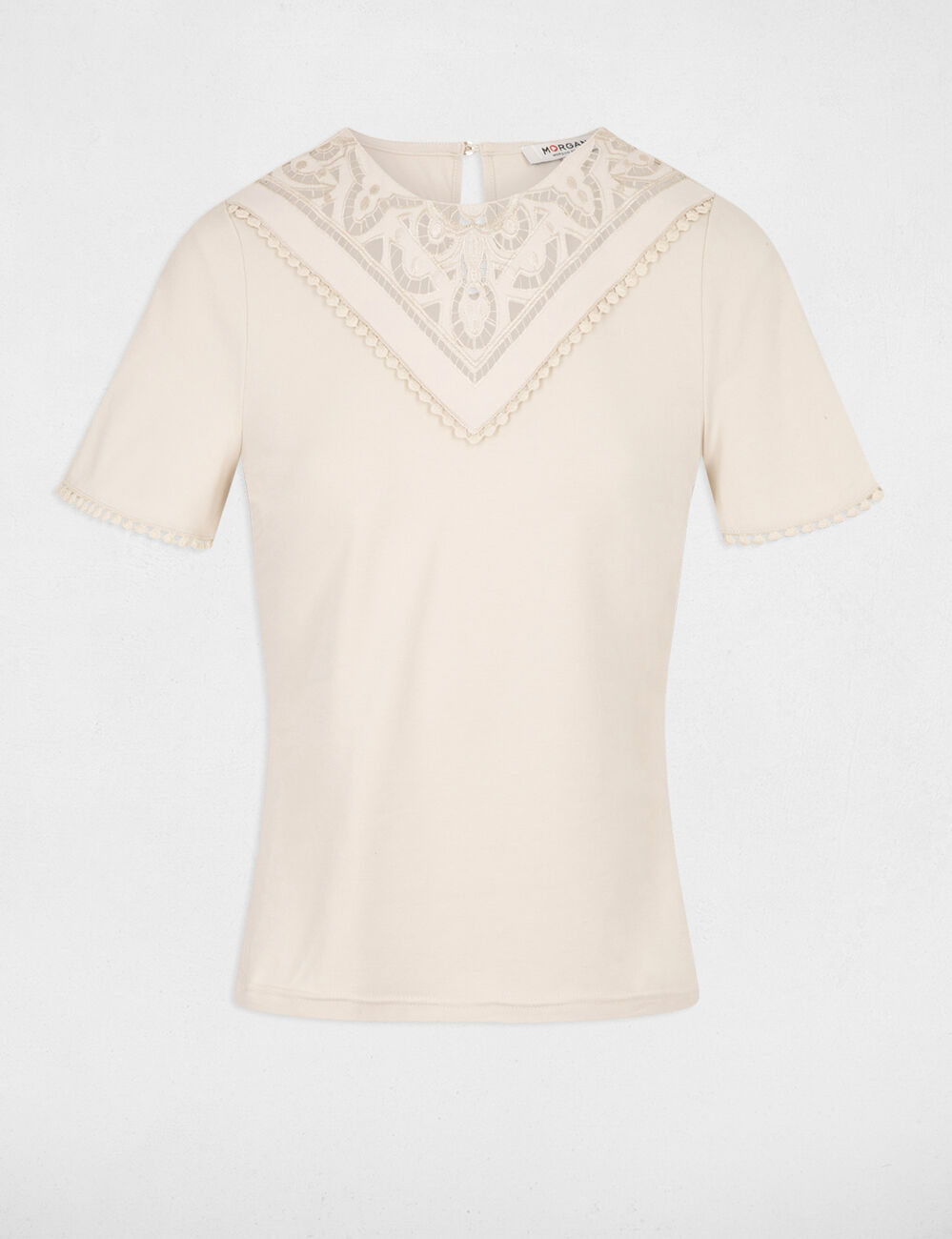 T-shirt manches courtes brodé beige clair femme