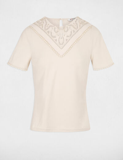 T-shirt manches courtes brodé beige clair femme