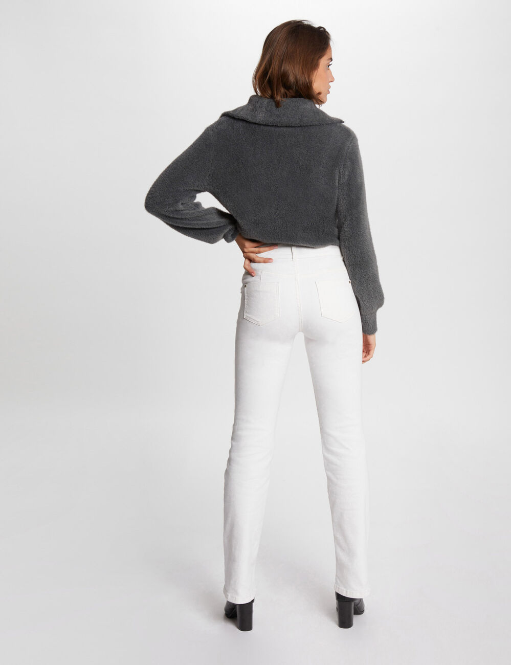 Pull manches longues &agrave; col zipp&eacute; gris anthracite femme