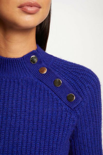 Pull manches longues col montant bleu moyen femme