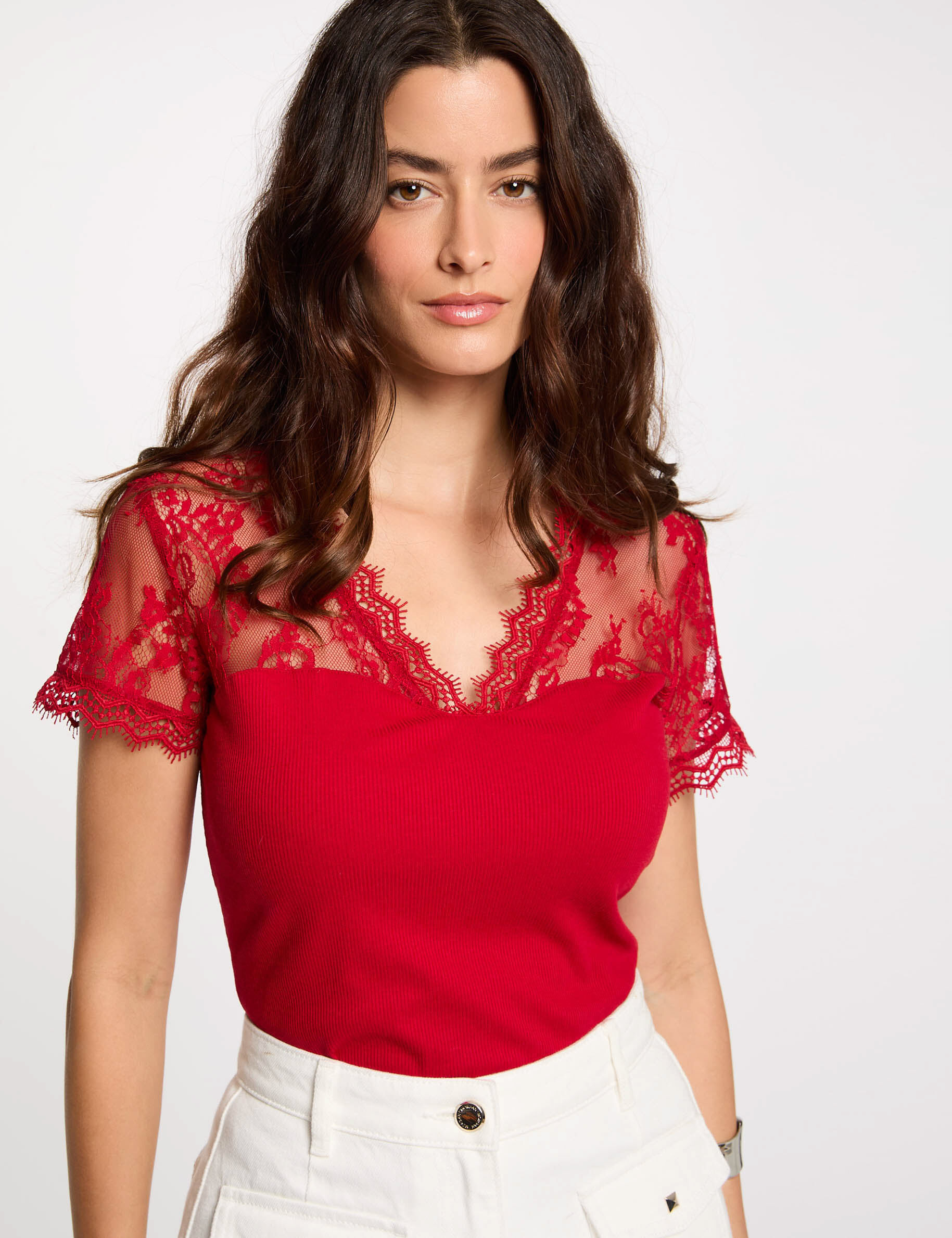 T-shirt manches courtes à dentelle - Morgan - Modalova