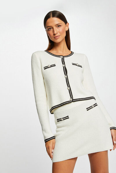 Gilet droit avec bandes contrastantes ecru femme