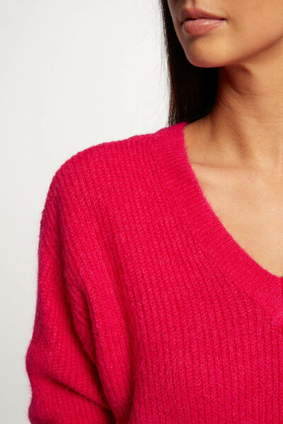 Pull manches longues à col en V rose moyen femme