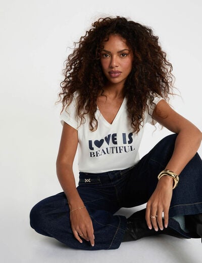 T-shirt col v manches courtes blanc femme