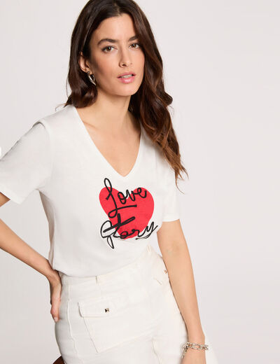 T-shirt col v manches courtes blanc femme