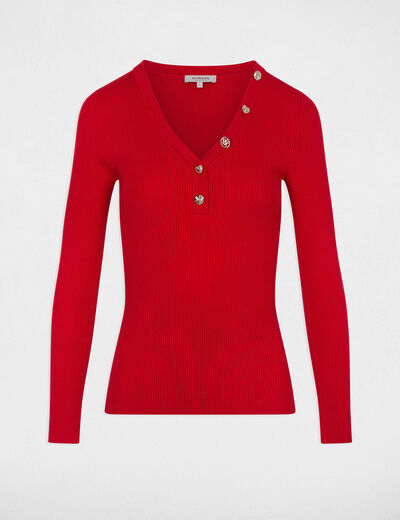 Pull col v fantaisie rouge femme