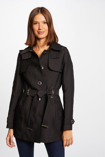 Trench droit ceinturé à capuche noir femme