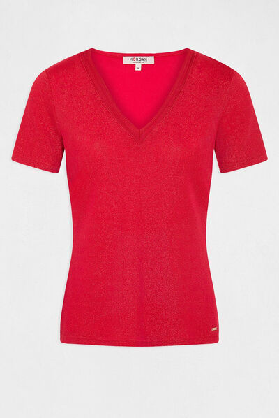 T-shirt manches courtes avec col en V framboise femme
