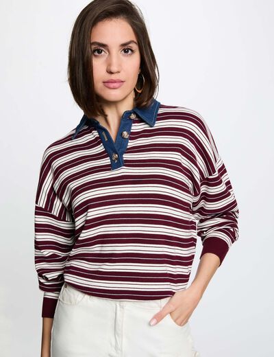 Pull ray&eacute; col &agrave; revers bordeaux femme