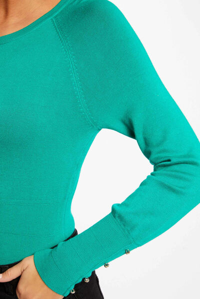 Pull manches longues à col rond vert moyen femme