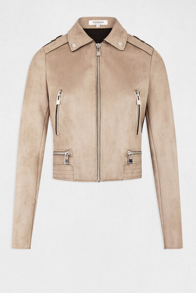 Blouson droit aspect suédine beige clair femme