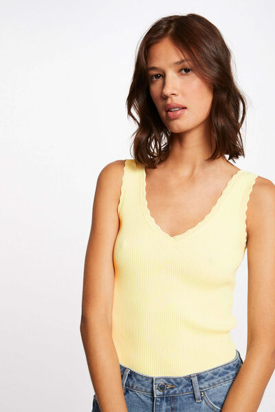 Pull débardeur avec col en V jaune paille femme