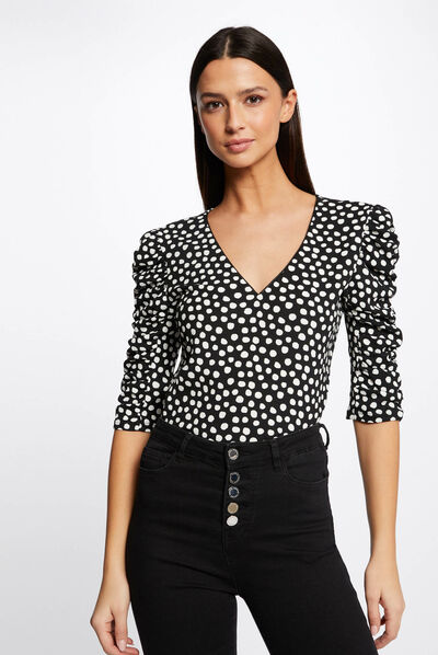 T-shirt manches 3/4 imprimé à pois noir femme