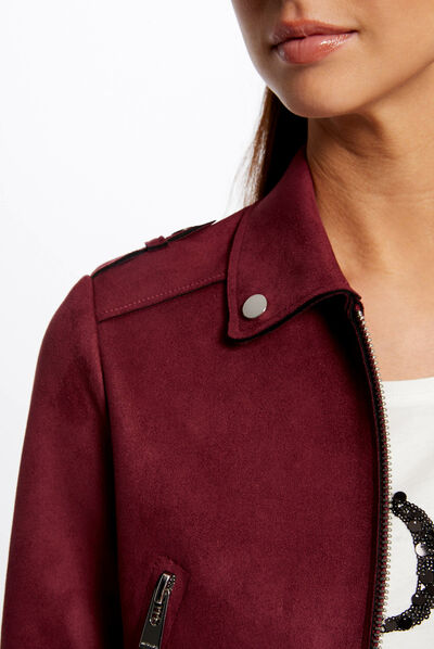 Blouson droit aspect suédine bordeaux femme
