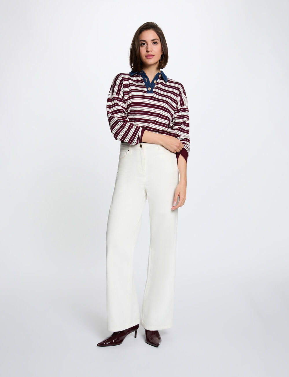 Pull ray&eacute; col &agrave; revers bordeaux femme