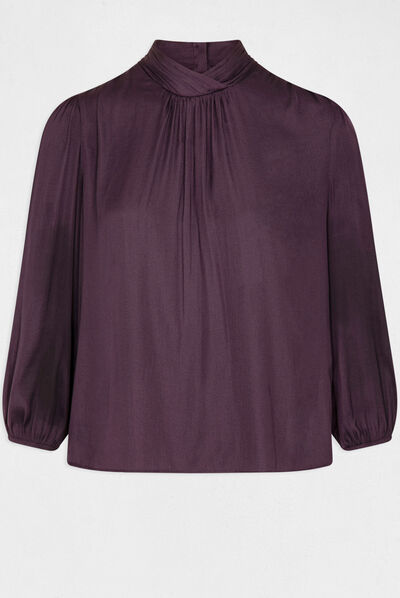 Blouse manches 3/4 satinée prune femme