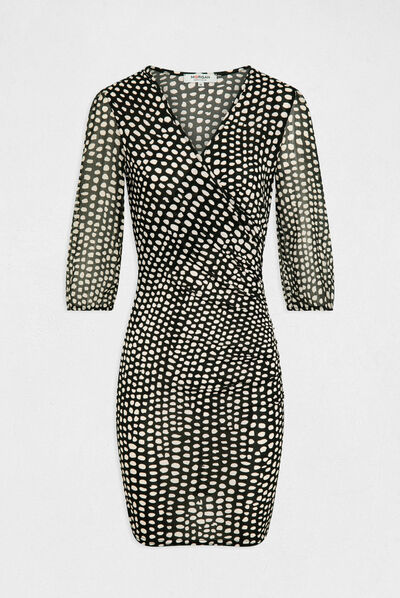 Robe ajustée drapée imprimé à pois noir femme