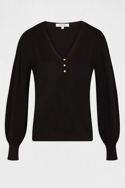 Pull manches longues à col en V noir femme