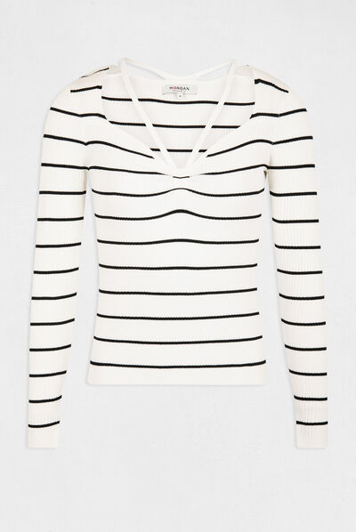 Pull manches longues à rayures ivoire femme