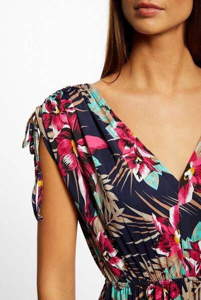 Robe longue droite imprimé floral marine femme