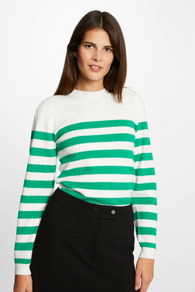 Pull manches longues à rayures vert moyen femme