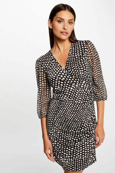 Robe ajustée drapée imprimé à pois noir femme