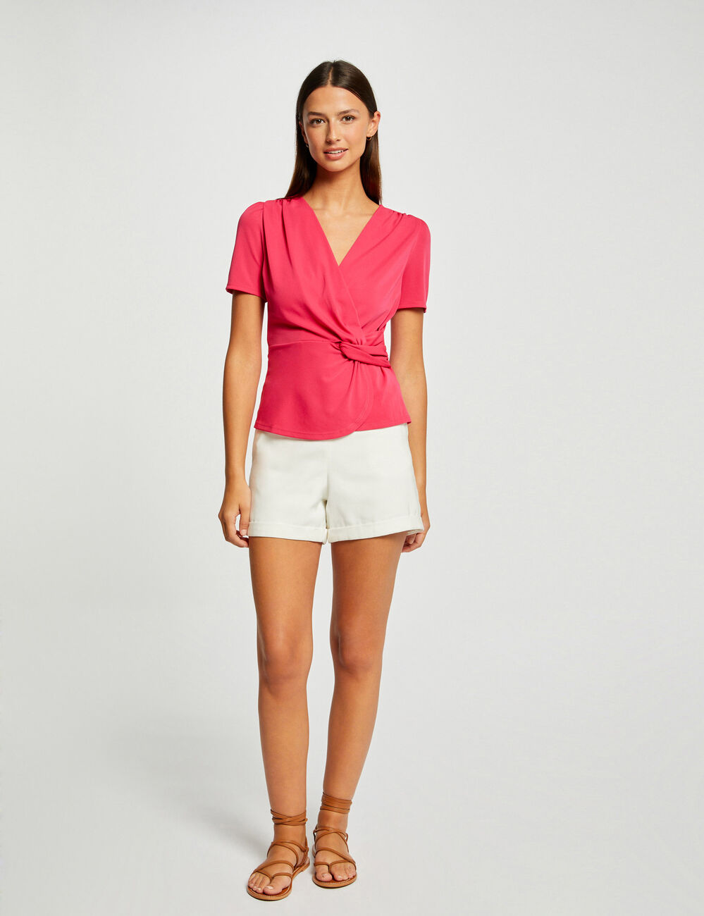 T-shirt manches courtes col cache-coeur framboise femme