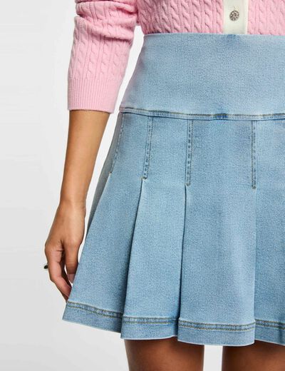 Jupe courte pliss&eacute;e denim stone femme