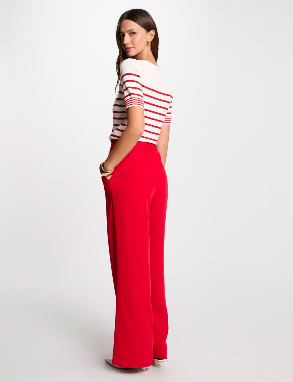 Pantalon large taille haute rouge femme