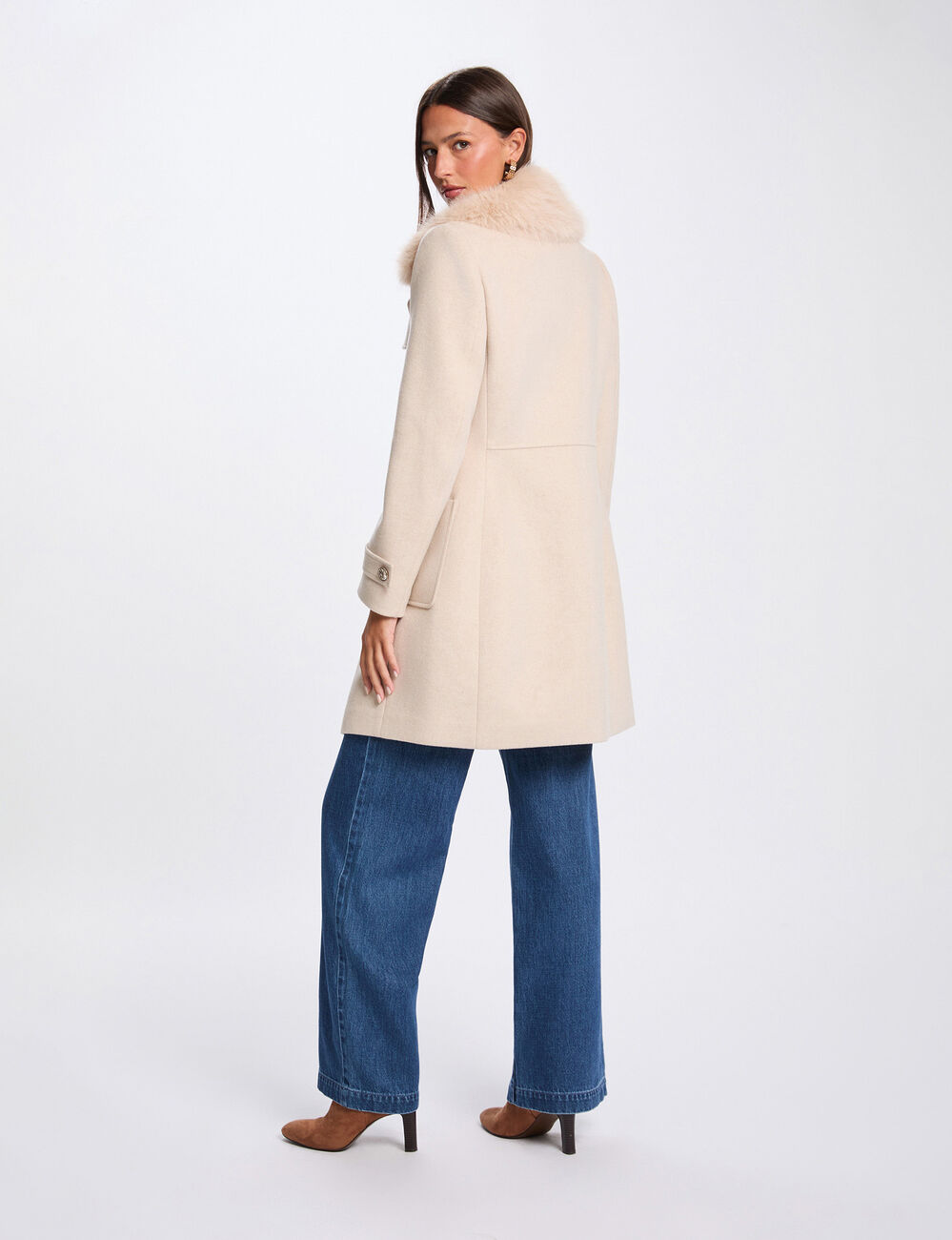 Manteau droit col fourrure beige femme