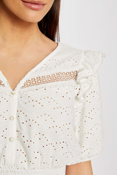T-shirt manches courtes brodé ecru femme