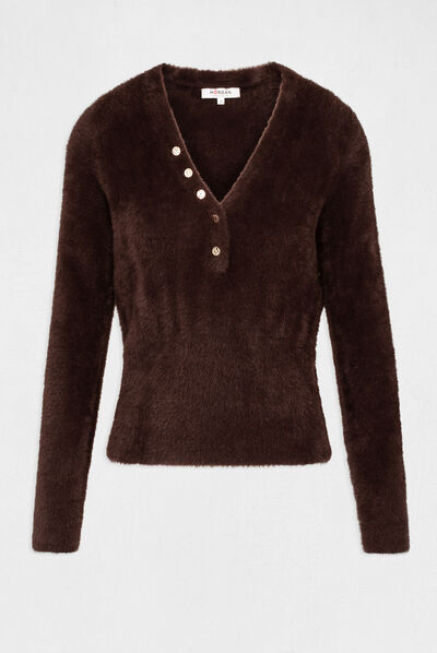Pull manches longues à col en V marron fonce femme