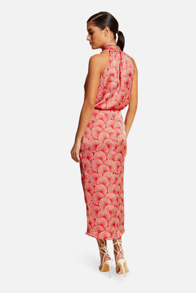 Jupe longue droite imprimé abstrait rouge femme