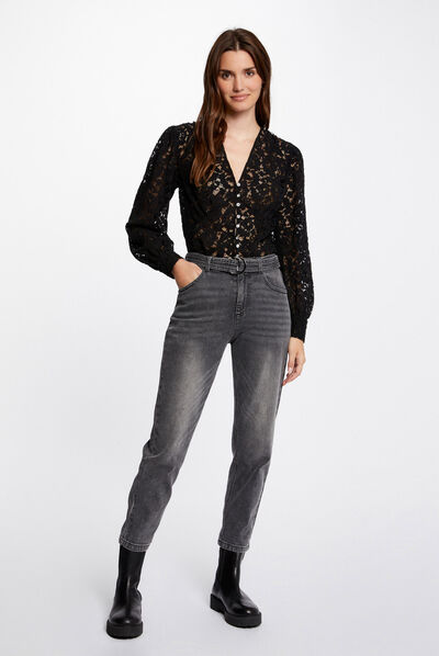 Jeans droit ceinturé 7/8ème gris moyen femme
