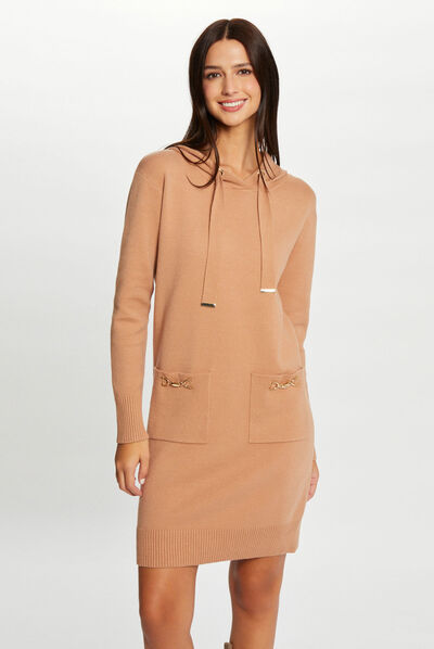 Robe pull droite à capuche camel femme