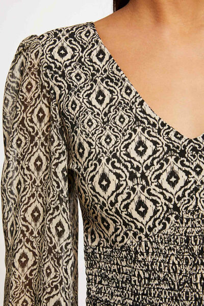 T-shirt manches longues smocké imprimé multico femme
