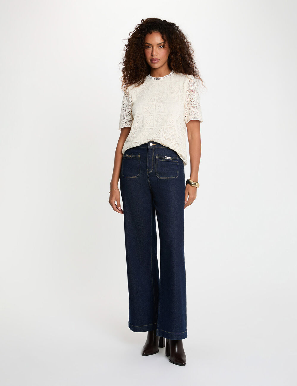 T-shirt dentelle col montant ivoire femme