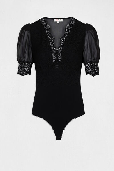 Body manches courtes à dentelle noir femme