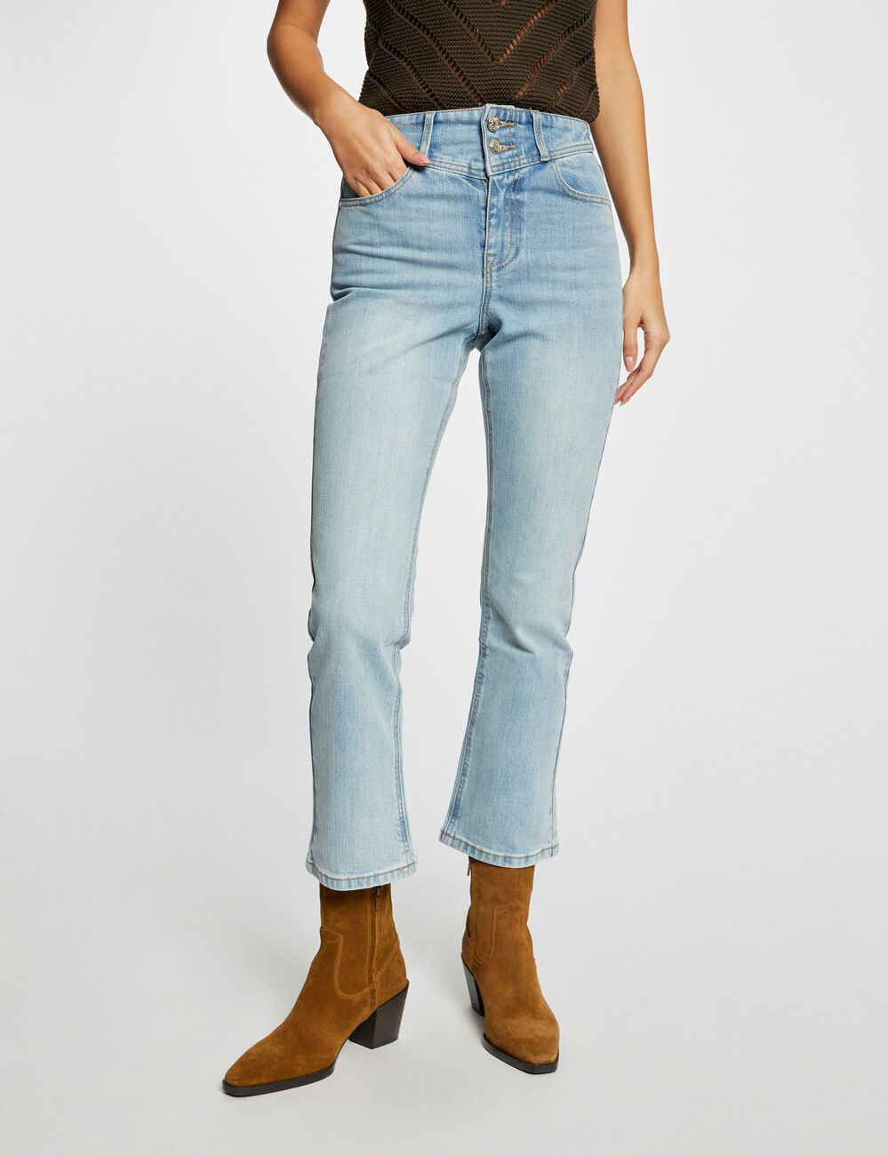 Jeans droit taille haute 7/8&egrave;me jean bleached femme