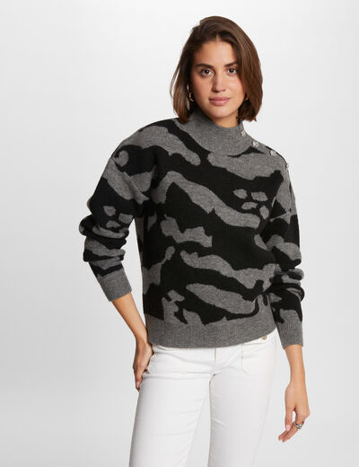 Pull col montant imprim&eacute; gris anthracite femme