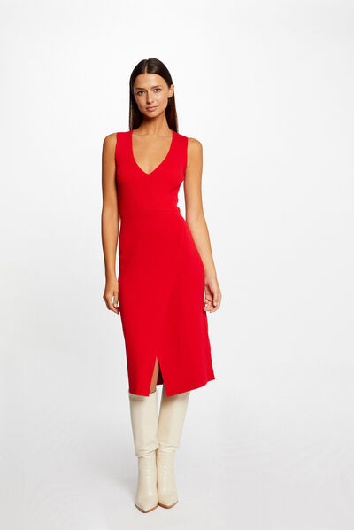 Robe pull midi ajustée col en V rouge femme