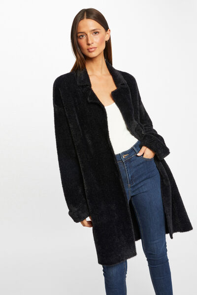 Gilet long droit maille duveteuse noir femme