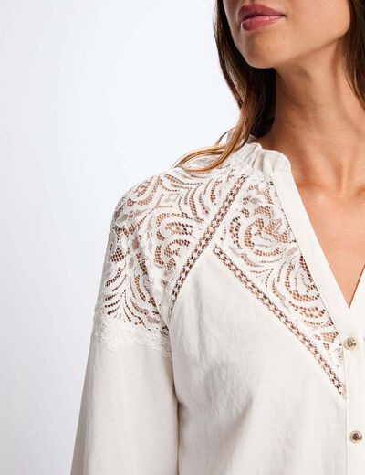 T-shirt dentelle col v blanc femme