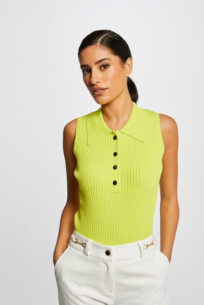 Pull débardeur sans manches col polo anis femme