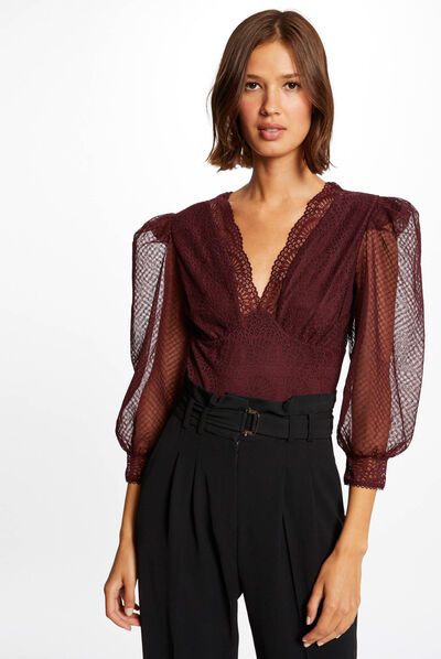 Body manches 3/4 bouffantes prune femme