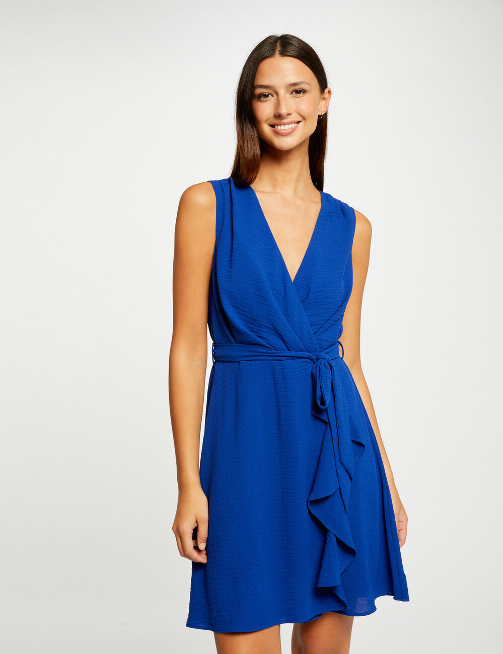 Robe portefeuille fluide ceintur&eacute;e bleu electrique femme