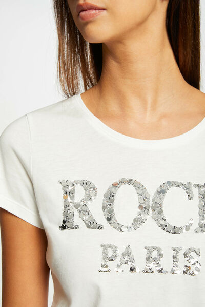 T-shirt manches courtes à inscription argente femme