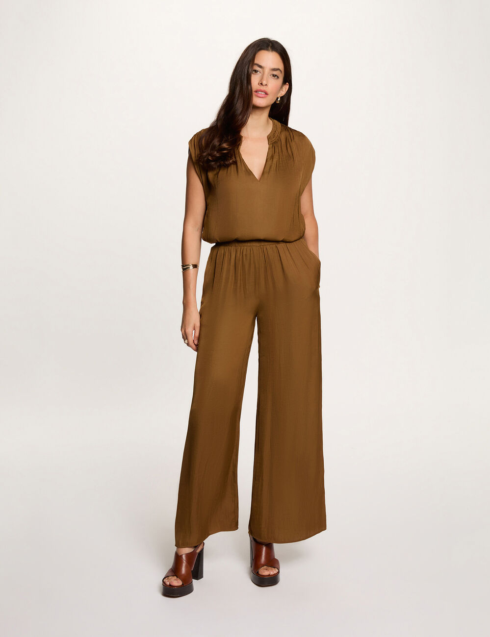 Pantalon large fluide camel femme