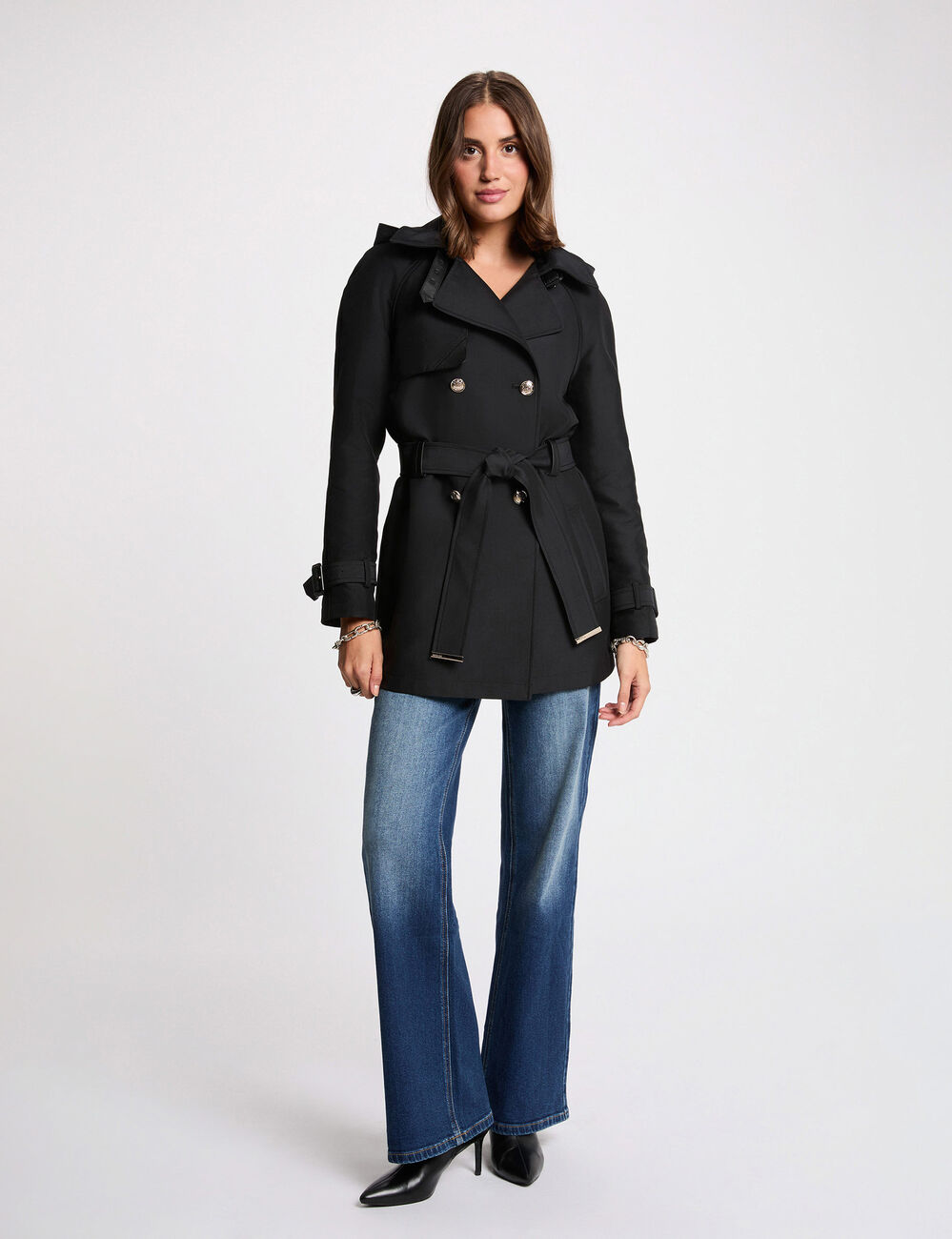 Trench mi-long &agrave; capuche noir femme