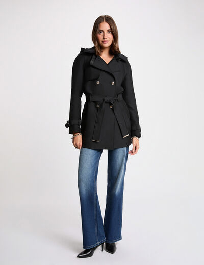 Trench mi-long &agrave; capuche noir femme
